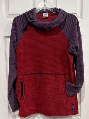 Melanzana Women’s Large Micro Grid Hoodie Red and Purple Jacket EUC Microgrid